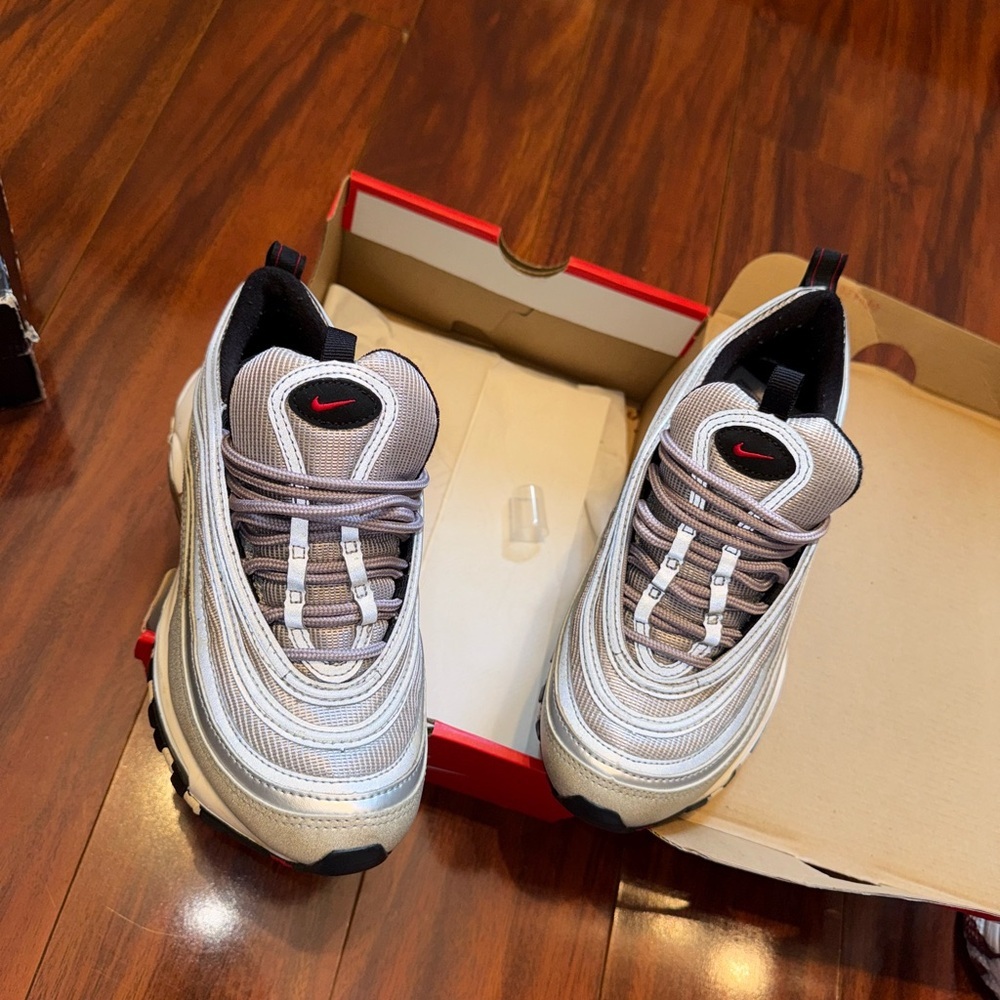 Nike Air Max 97 Metallic Silver Bullet with Red Accents - Picture 4 of 9